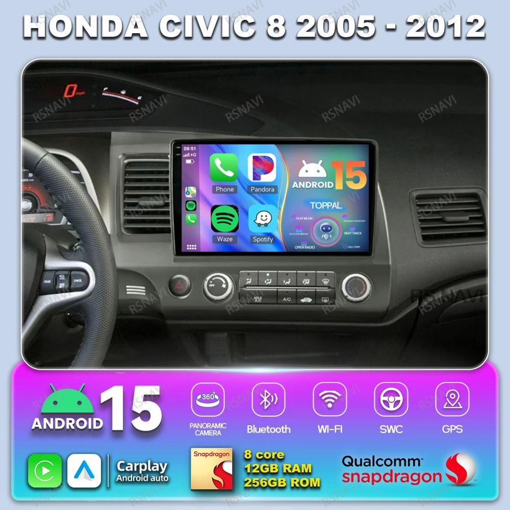 

Автомобильное радио Android 15 для Honda Civic 8 2005-2012 навигационное стерео авторадио QLED Viedo плеер DSP BT мультимедиа DVD 5G WIFI