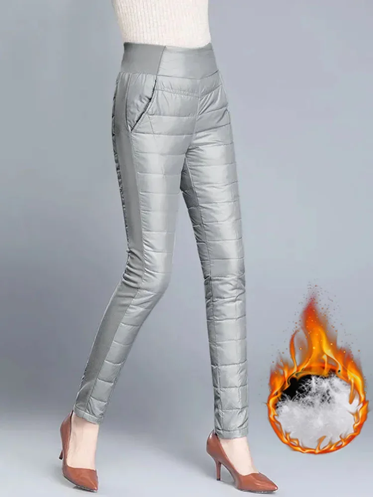 冬用90%ダックダウンペンシルパンツ レディース 厚手 ハイウエスト スリム スノーウェア パンツ カジュアル 暖かい ハイウエスト ふわふわ トラウザーズ XQ86