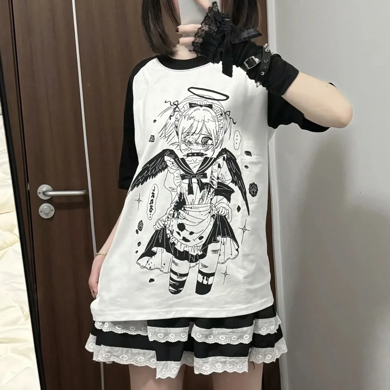

Summer Black White Short Sleeve T-shirt Subculture Y2k Japanese Loose Top Patchwork Kawaii Harajuku Anime Women Casual Tees