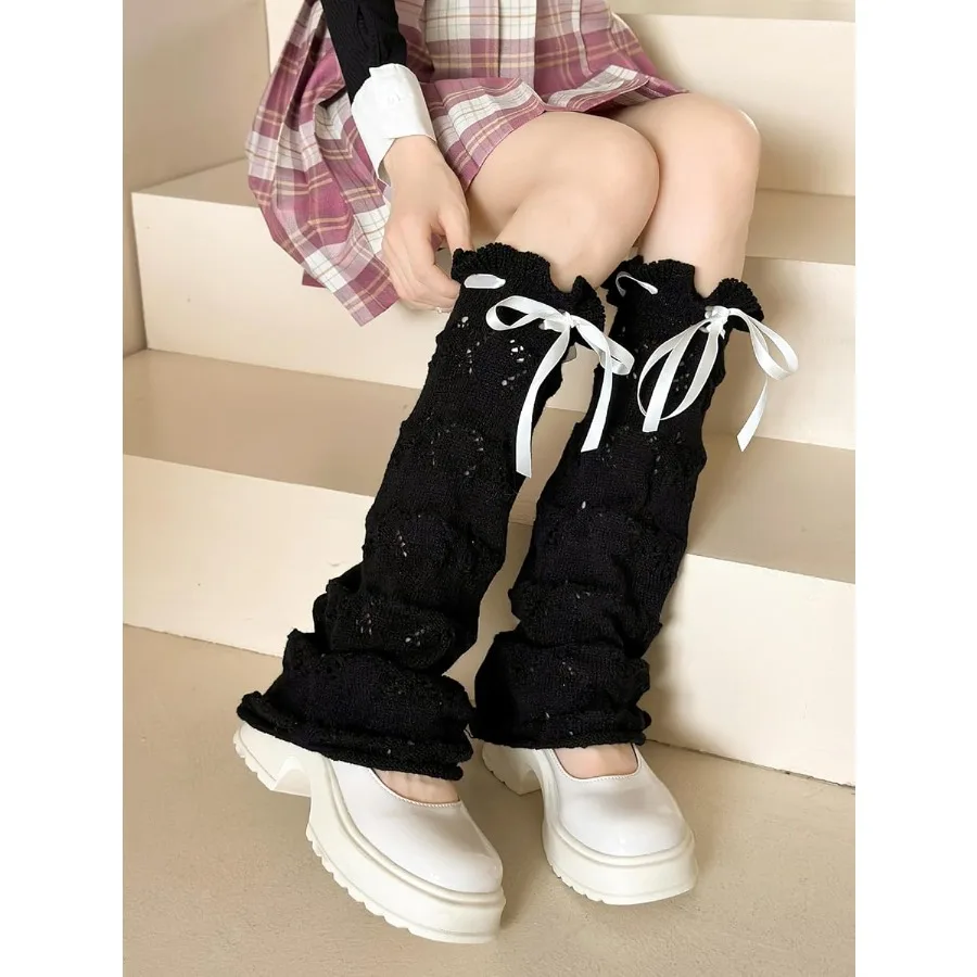 WODECASA Jambières en tricot Y2K Chaussettes évasées hautes aux genoux avec cordon de serrage et poignets à volants pour femmes et filles à la mode L