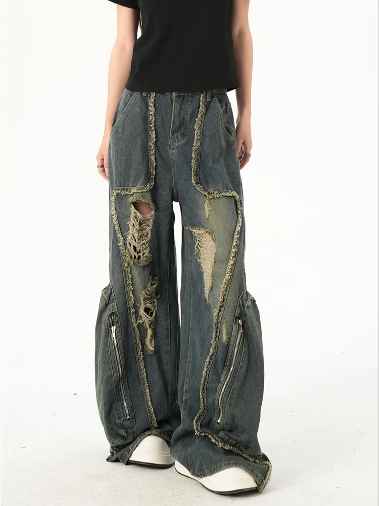 

Американские винтажные потертые синие лоскутные мешковатые рваные джинсы в стиле Y2K, дизайнерские брюки с большими карманами в ленивом стиле