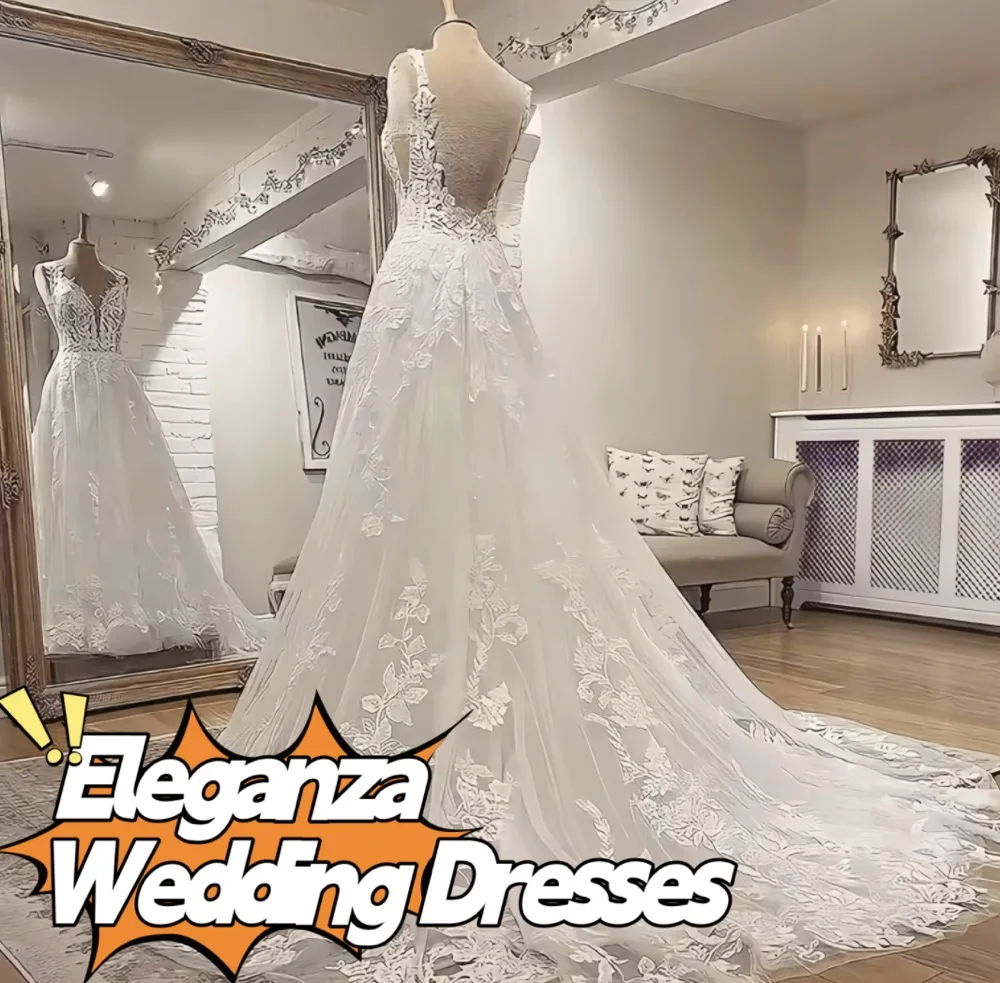 Customized Exquisite Wedding Dress For Bride V-Neck Backless Bride Gown With Lace Applique A-Line Sweep TrainVestidos De Novia
