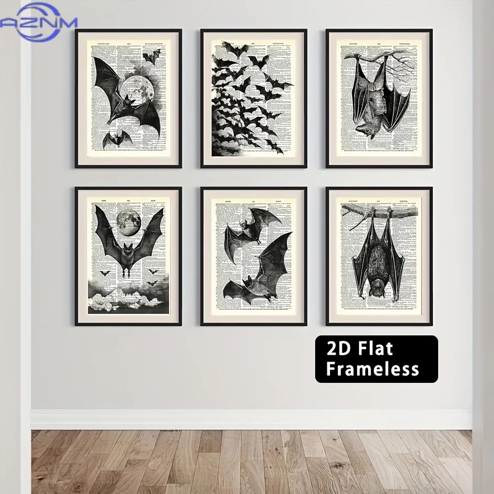 6pcs Frameless Canvas Printed Posters, Home Decoration Decorative Wall Art, Bat Wall Art, Dark Academy Painting, Retro Gothic Ba