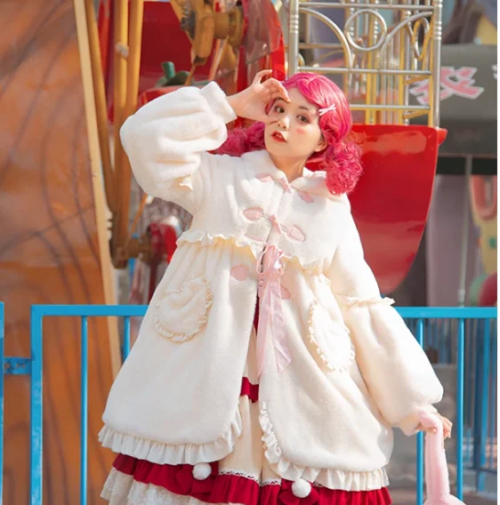 Lolita jas winter verdikte schattige ruches pluche warme lange mouw losse jas lief meisje kerst grote schommel witte vetermantel