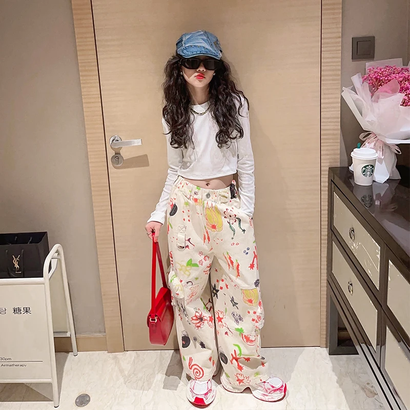 Fashion Girls Fun Graffiti Print Suit White T Shirt +Pants 2pcs Outfits Long Sleeve Top +Sweatpants 9 10 Yrs Girls Spring Autumn