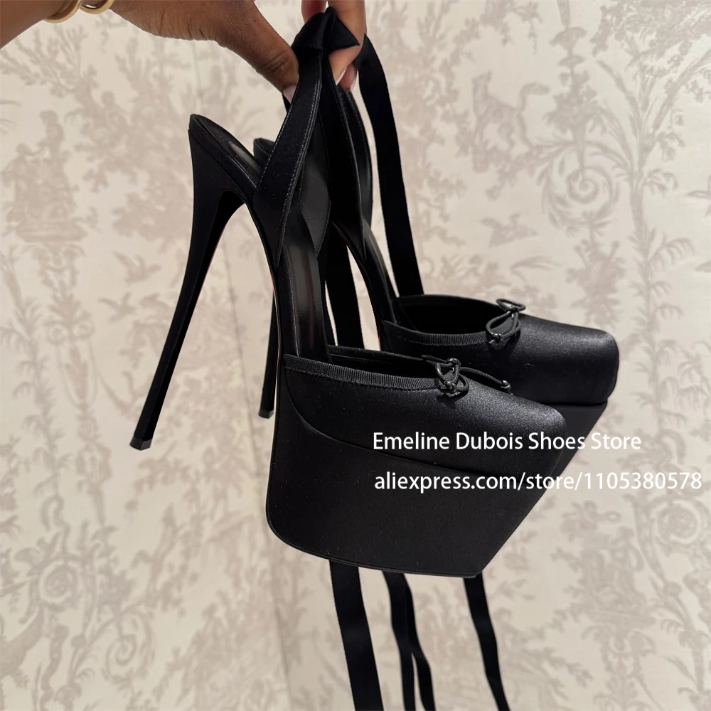 

Satin Bowknot Tie Up Platform High Heels Pumps Pointed Toe Lace Up Stiletto Heel Ballet Sweet Wedding Party Shoes for Women