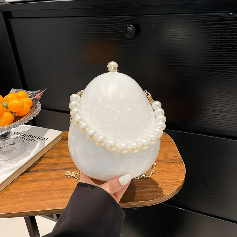 

Acrylic Egg Shell Bags for Women 2025 New Luxury Designer Pearl Handbag Beaded Clutch Purse Box Evening Wedding shoulder bag