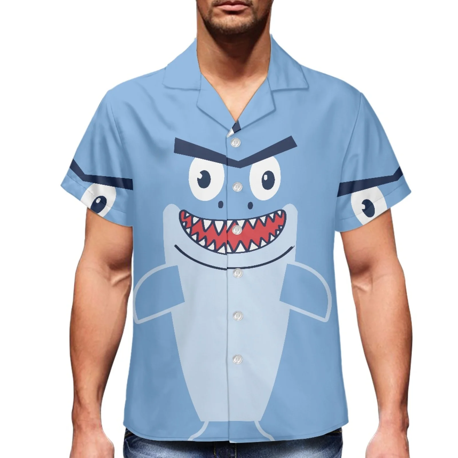 

Cute Printed Shark Cartoon Hawaiian Style Luxury Men's Summer V-Neck Short Sleeve Men's Sports Travel Men's Slim Fit Shirt