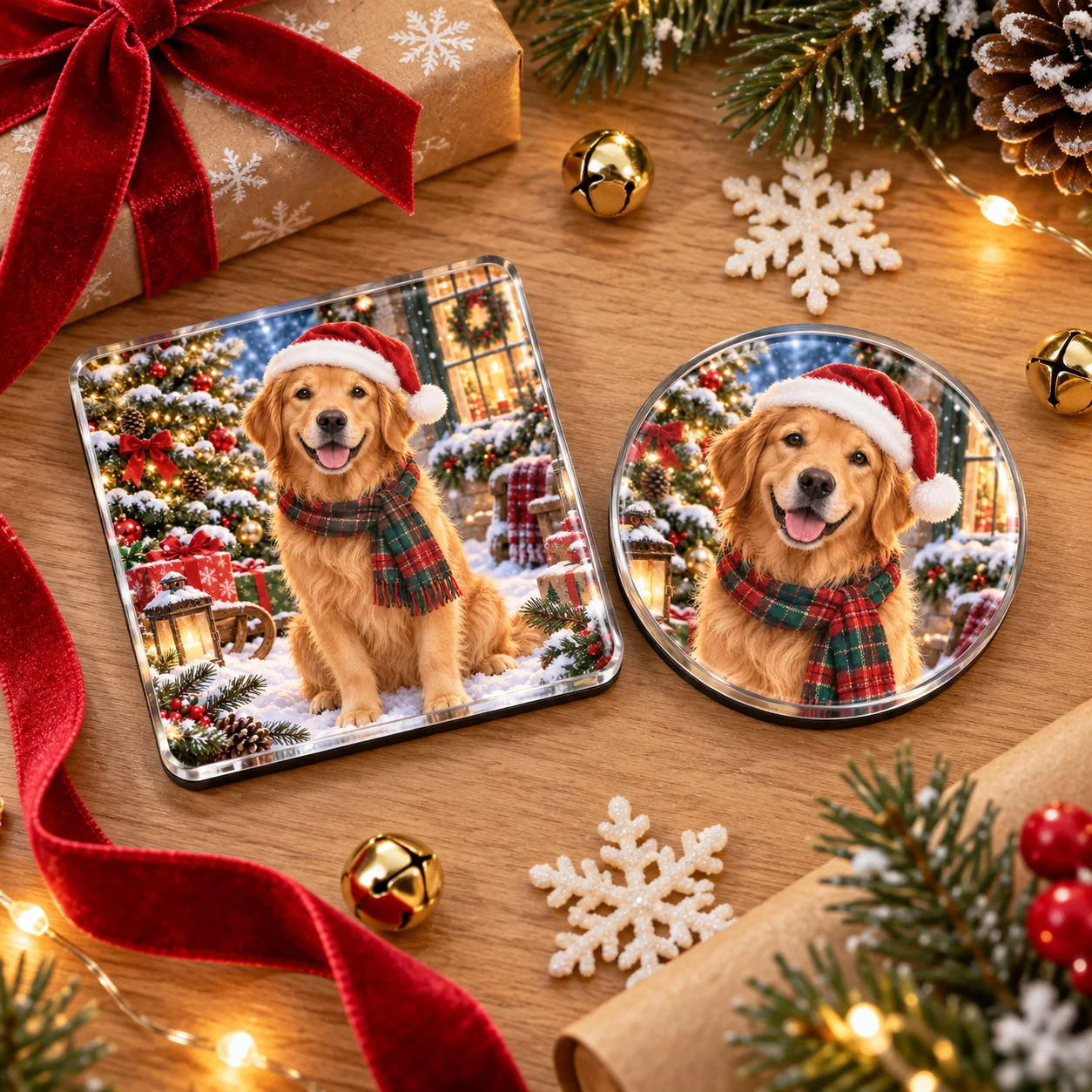 Christmas Dog Photo Refrigerator Magnet, Round or Square Pet Picture Fridge Decor