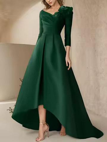 Womens Long Sleeve High Low Prom Dress with Pocket Satin Elegant Evening Gown A Line Wedding Guest Dress