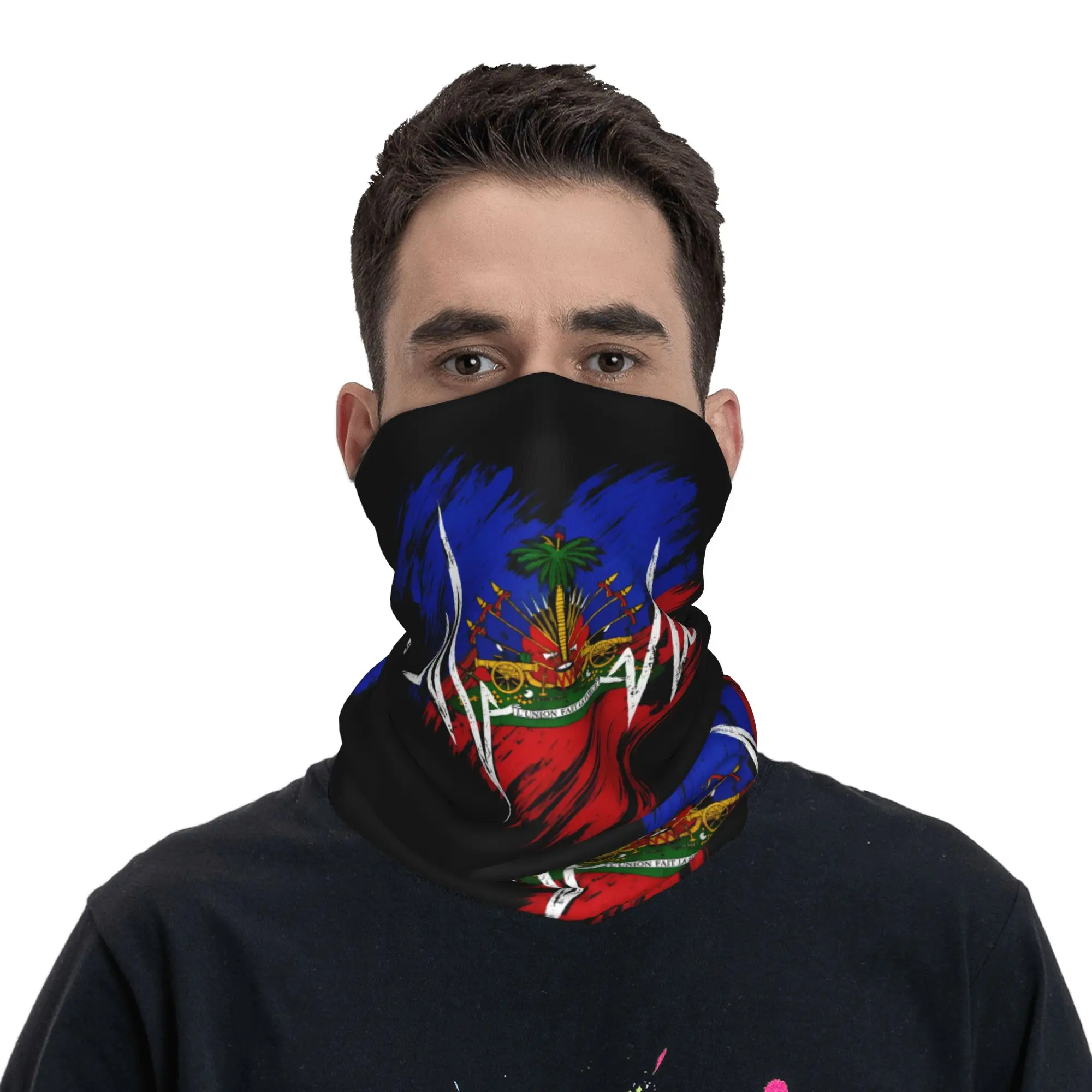 Haiti Heartbeat Haitian Flag  Bandana Neck Gaiter Printed  Mask Scarf Multi-use Headband Running for Men Women Adult All Season view 2