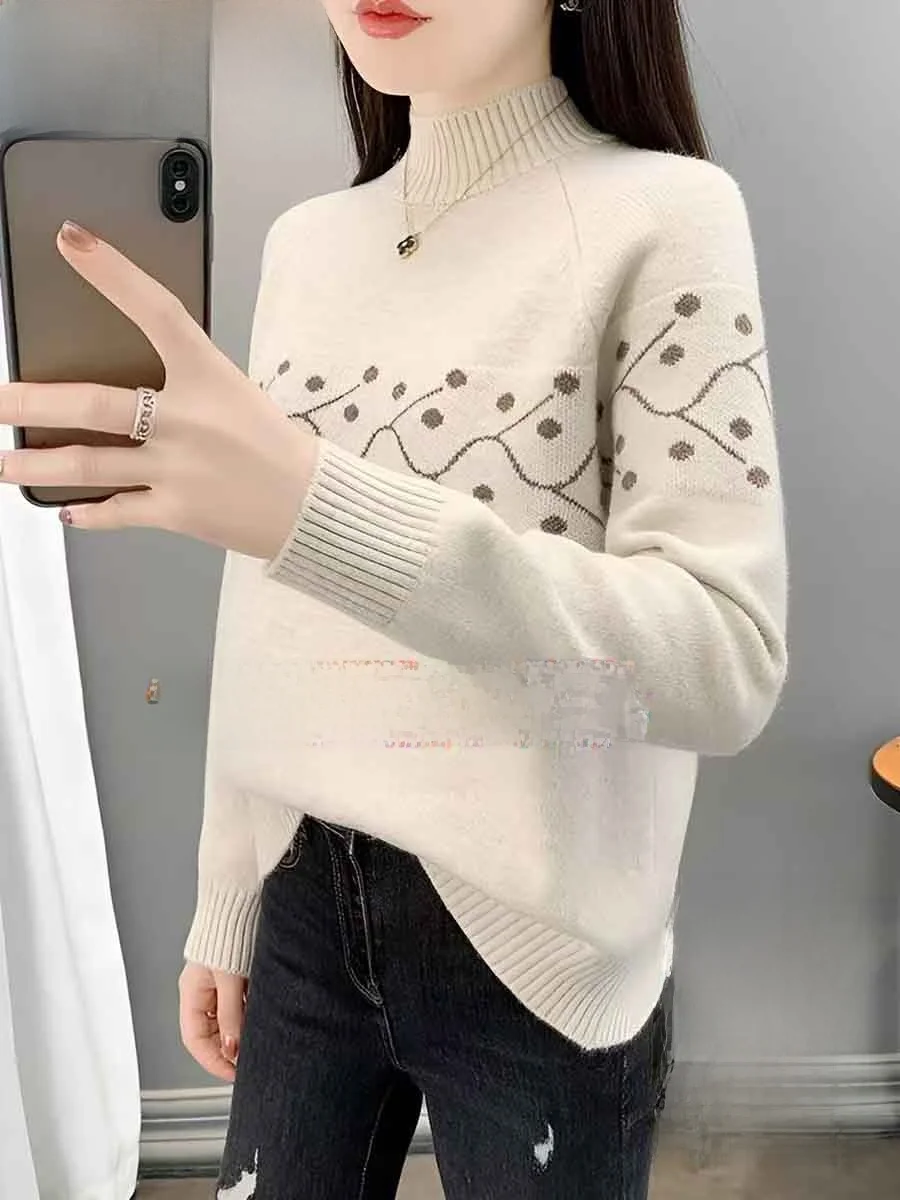 

Thiened Warm Embroidered Sweater Women's Autumn Winter Loose Slimming Top f High Collar Wool Knittedwear