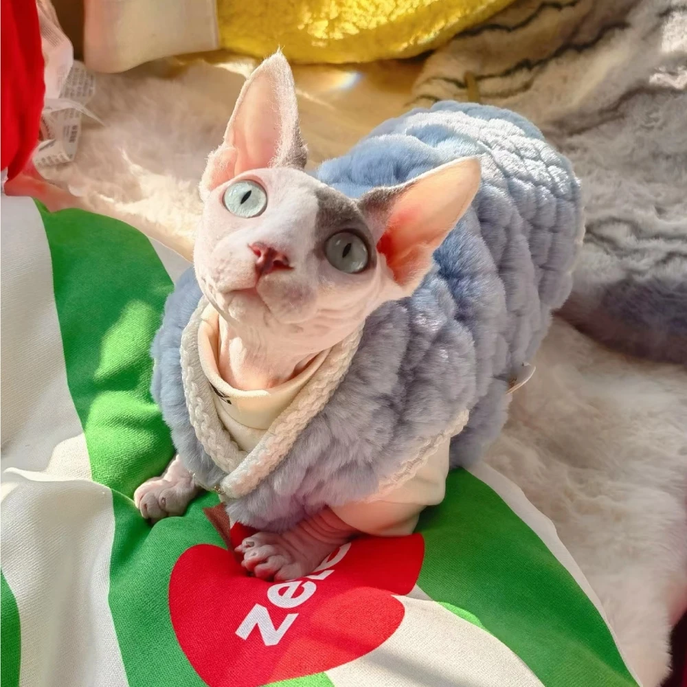 Fleece Cardigan for Sphynx Cat warm Blue Sweater Beige Coat Suit For Male Kittens Soft Undershirt For Devon Rex in Winter Autumn