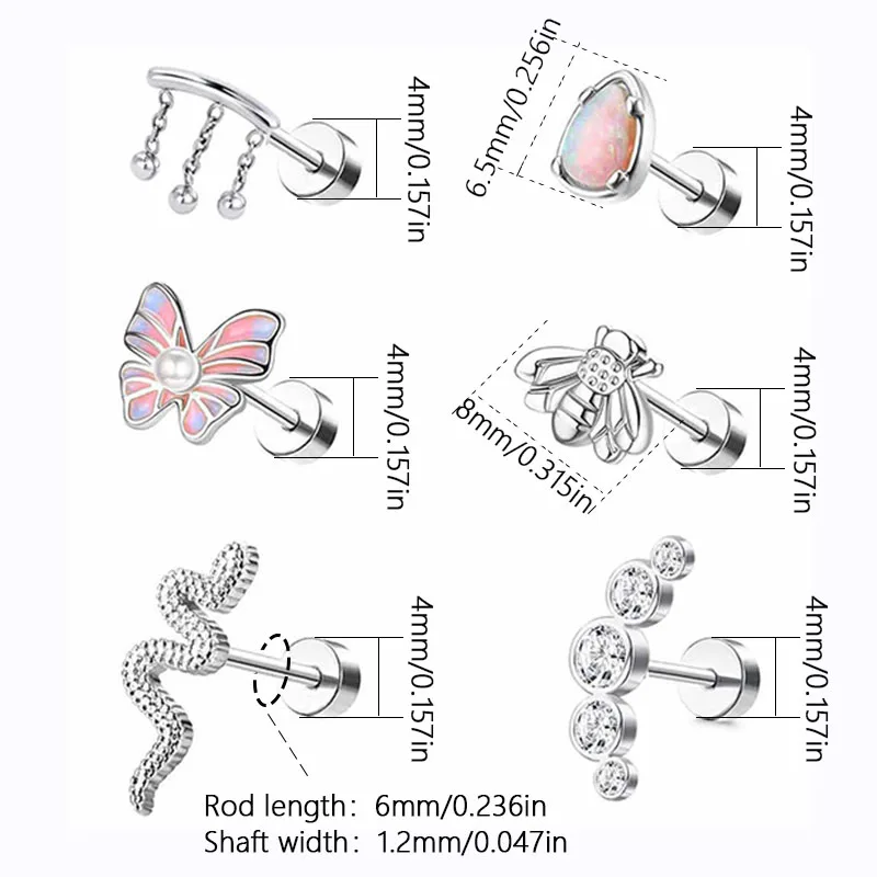 6 pieces of stainless steel stylish earrings, butterfly, snake, bee, opal and drop bead spiral piercing jewelry.