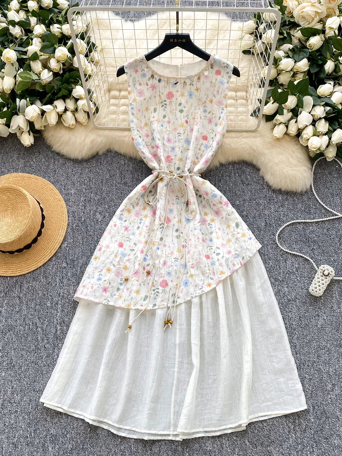 

Heavy Embellished round Neck Sleeveless Patchwork Floral Dress Women's Waist Cinching Slimming Vest Dress Korean Style High W...