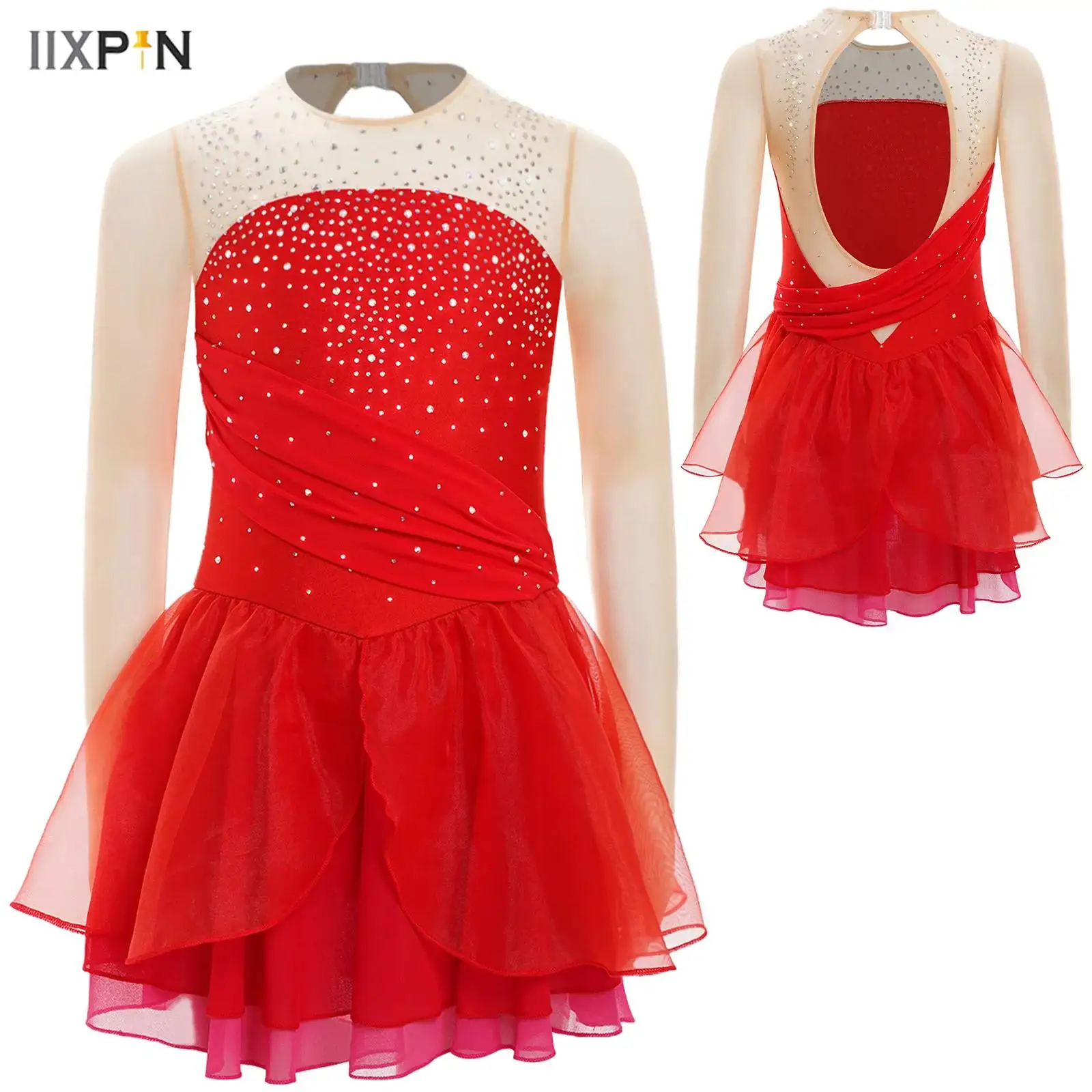 

Kids Girls Figure Skating Dress Lyrical Dance Performance Costume Shiny Rhinestones Sheer Mesh Long Sleeves Cutout Back Dresses