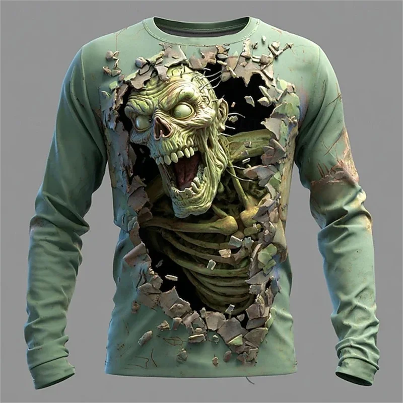 Halloween Family Matching Long Sleeve T-shirt 3D Break Through Zombie Skull Print O-neck Tops Kids Family Horror Costume Outfits
