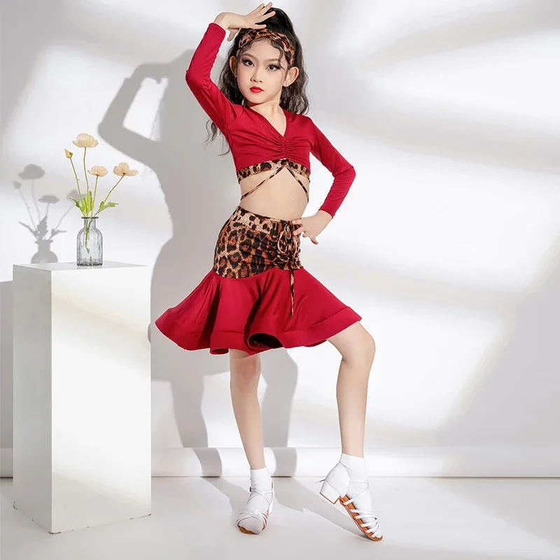 

Latin dance dress 2025 new girl leopard print senior sense children fashion flower dress girl training Latin dance dress