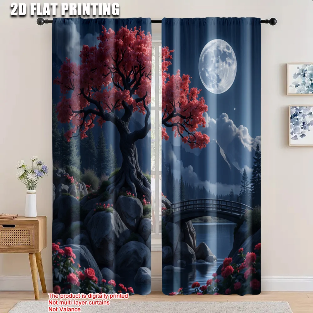 

2pcs, 2D flat printing Curtains Red trees and moonlight at night Light Filter Versatile for Room_bedroom_Window Decor