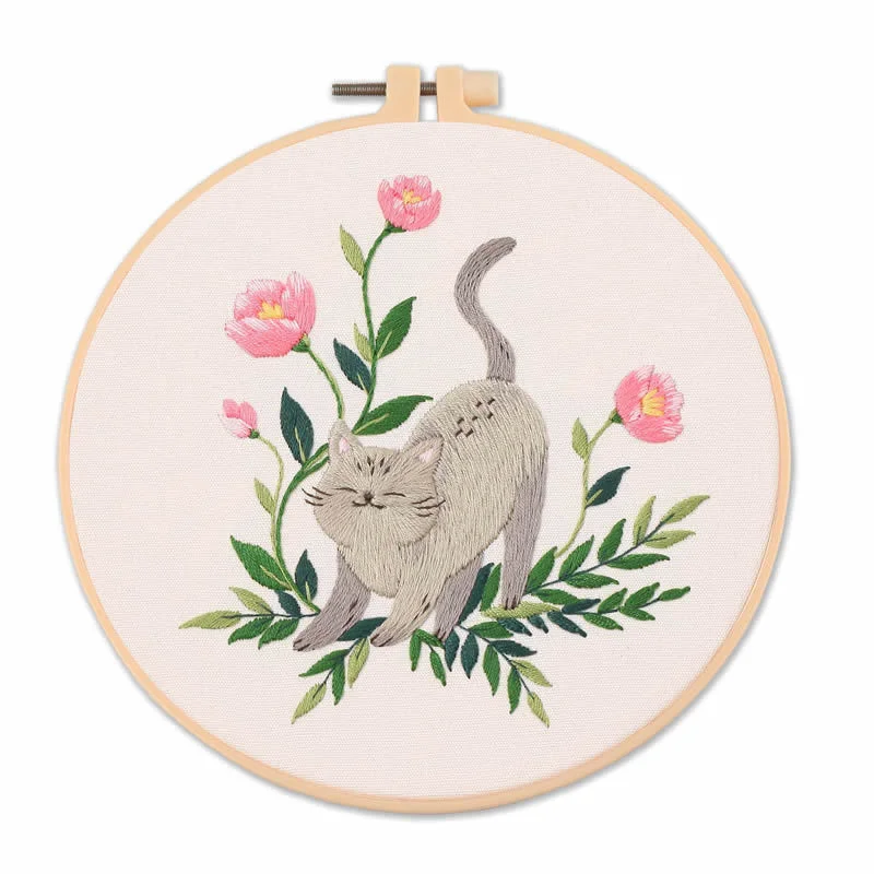 DIY Embroidery Kit Cat Plant Printed Pattern Beginner Cross Stitch Set Needlework Hoop Handmade Sewing Hobby Kits