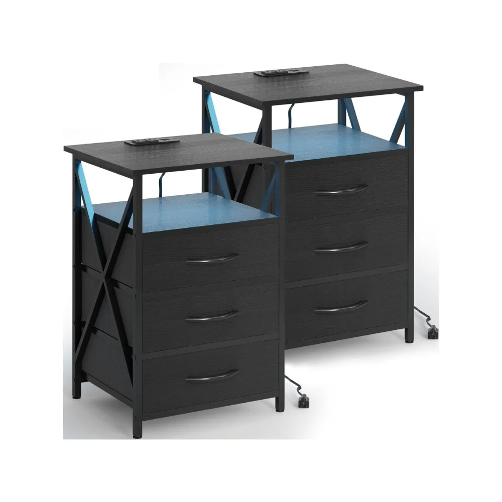 

Набор из 2 тумбочек, светодиодный боковой столик с 3 деревянными панелями, тканевыми ящиками и полкой для хранения, тумбочка с зарядной станцией