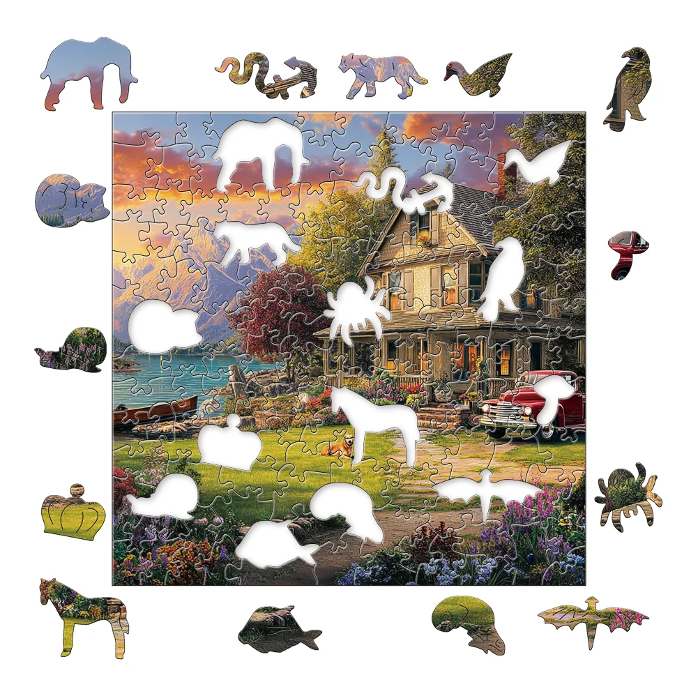 Houten legpuzzels voor ontspannen landelijk leven, doe-het-zelf-stressverlichtende entertainmentspel-legpuzzels, kerstcadeaus.