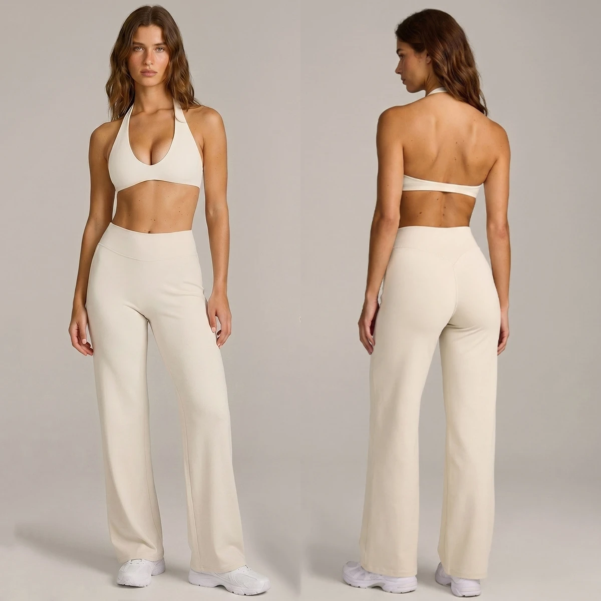 Women 2 Piece Yoga Outfit Halter Deep V Sports Bra High Waist Flared Leggings Set Backless Gym Set Workout Athletic Activewear