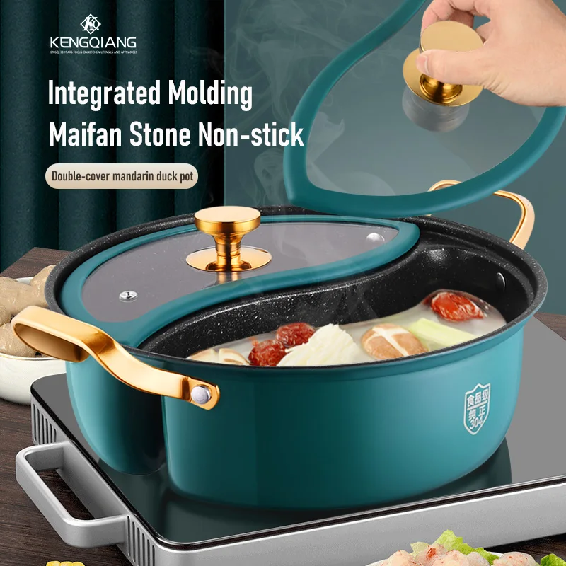 Mandarin Duck Pot With Two Lids Die Casting Maifan Stone 304 Stainless Steel Divided Pot Non-stick Two-Flavor Hot Pot view 2