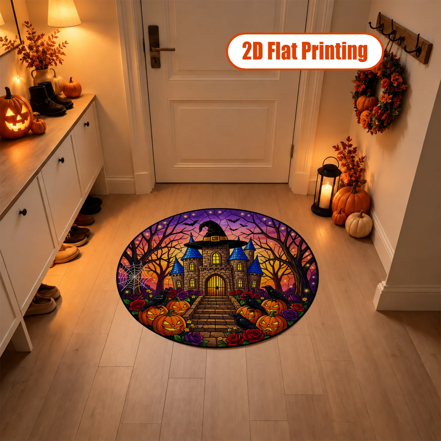 Stained Glass Halloween Castle Jack-o-Lantern Pattern Velvet Decorative Rug Machine Washable Stays In Place Ideal for Living Room Bedroom Entryway Halloween Thanksgiving Christmas New Year Black Friday Cyber Monday