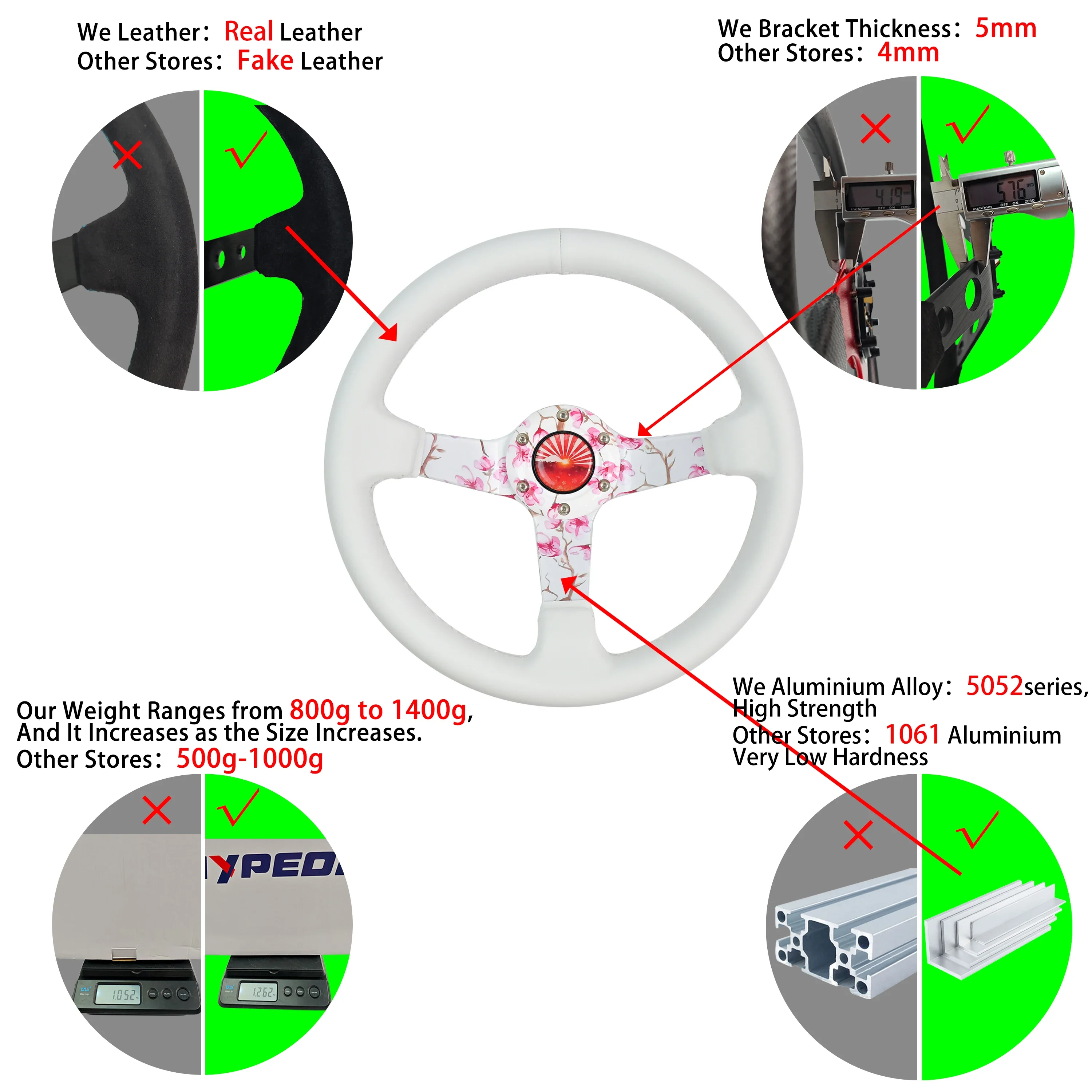 JDM Japanese Sakura Racing Style Steering Wheel Drift Deep Dish White Leather 13inch
