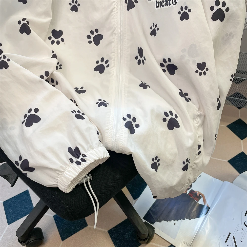 Japanse Schattige Hond Paw Print Capuchon Zonnebrandjas Voor Dames Zomer Losse Casual Lange Mouwen Vest Dameskleding