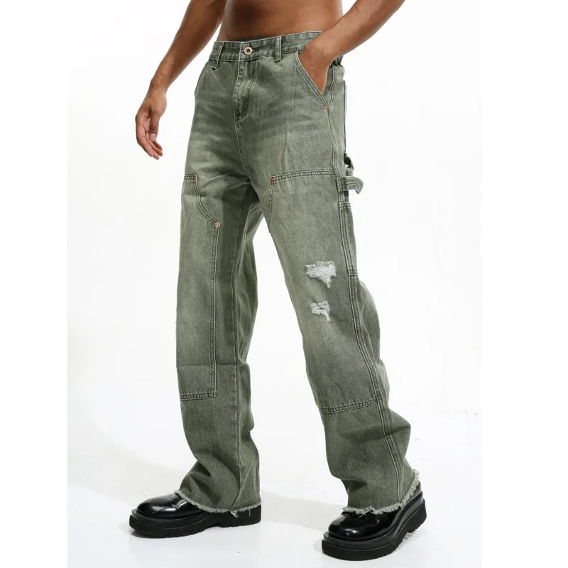 سراويل كاجوال متعددة الاستخدامات شبابية وعصرية للرجال مع فتحات وطيات، جينز فضفاض بأرجل مستقيمة #6