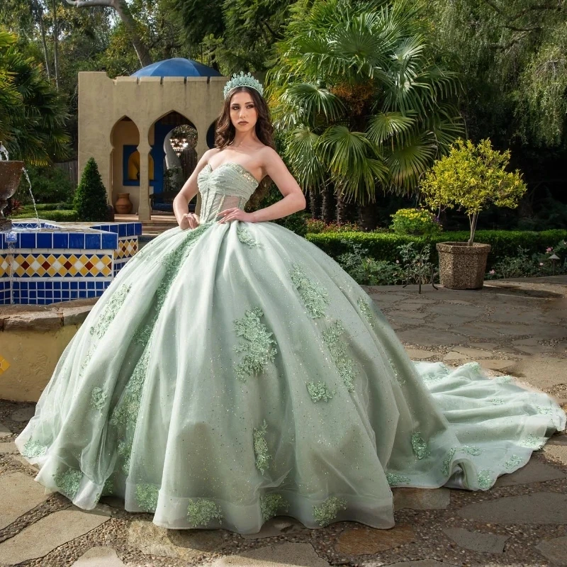 Vestidos de princesa Quinceanera com brilho verde claro, aplique fora do ombro, miçangas de renda, vestido de baile floral com renda, 15 V