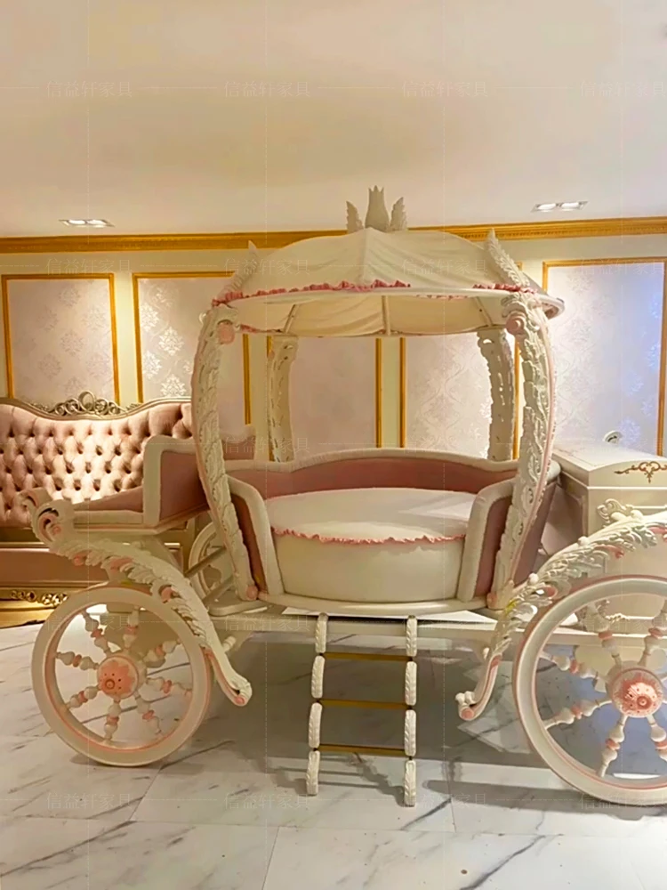 European court pink children's bed carriage bed French luxury girl solid wood princess bed villa furniture customization