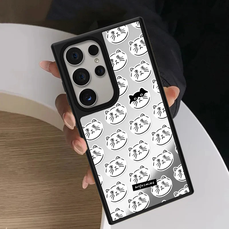 Full Screen Cat Head Pattern Mirror Surface Magnetic Phone Cover for Samsung Galaxy S23 S24 S25 S26 Ultra S26+ Plus Case