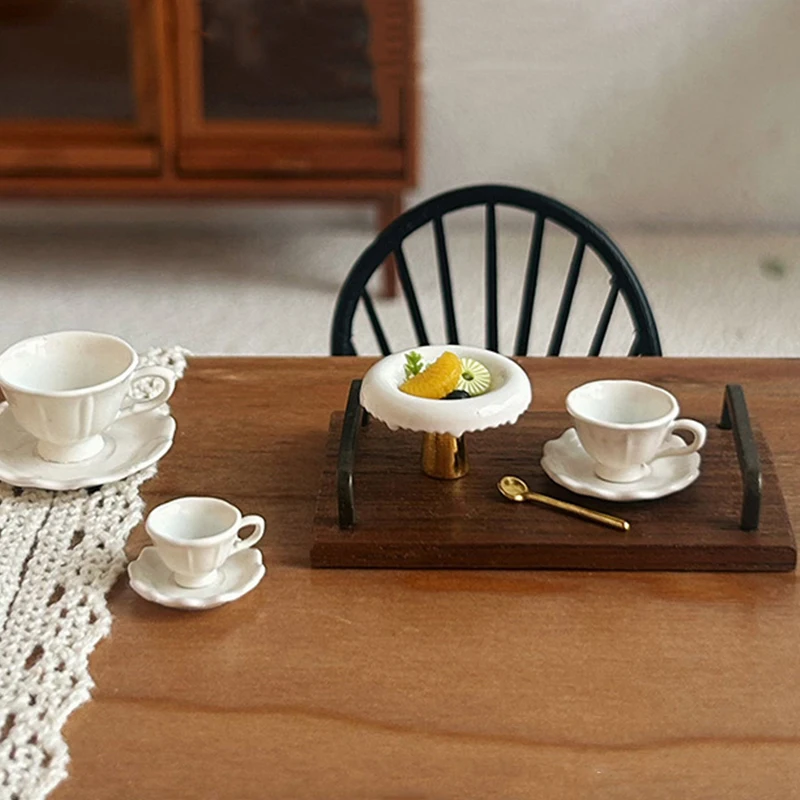 1Pcs Dollhouse Miniature French Retro Coffee Cup & Plate Set- Mini Play Kitchen Furniture Accessories for Doll House Scene Decor