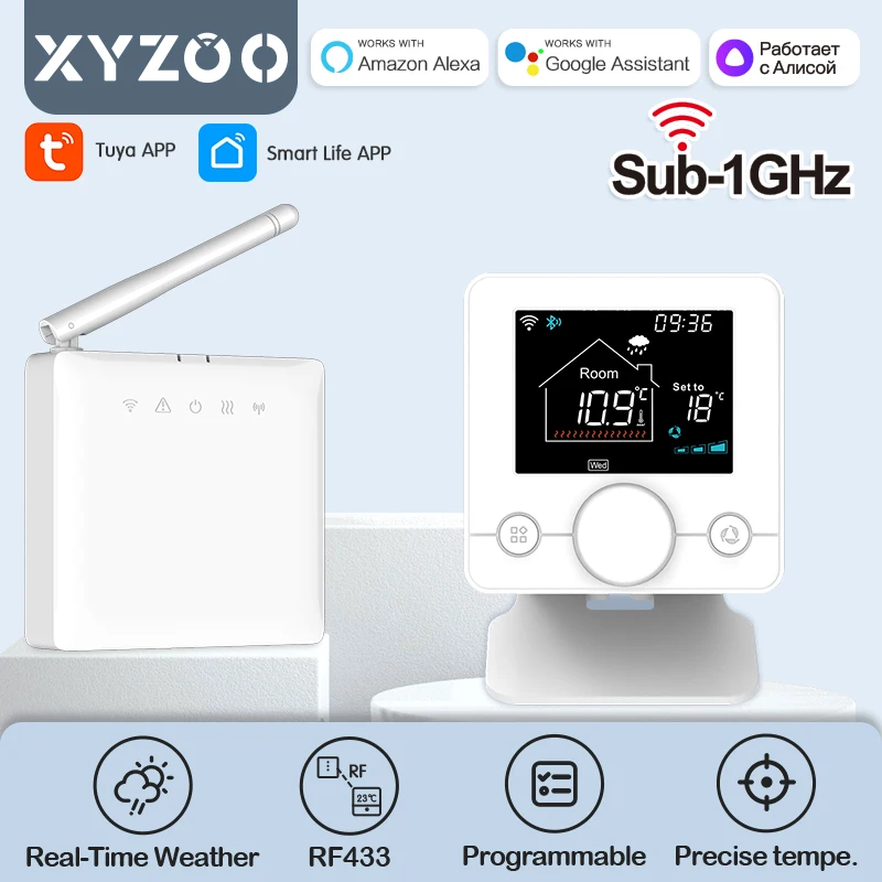 

RF433 Tuya Smart Wireless Thermostat WiFi Gas Boiler Temperature Controller Receiver Humidity Sensor with Alexa Google Yandex