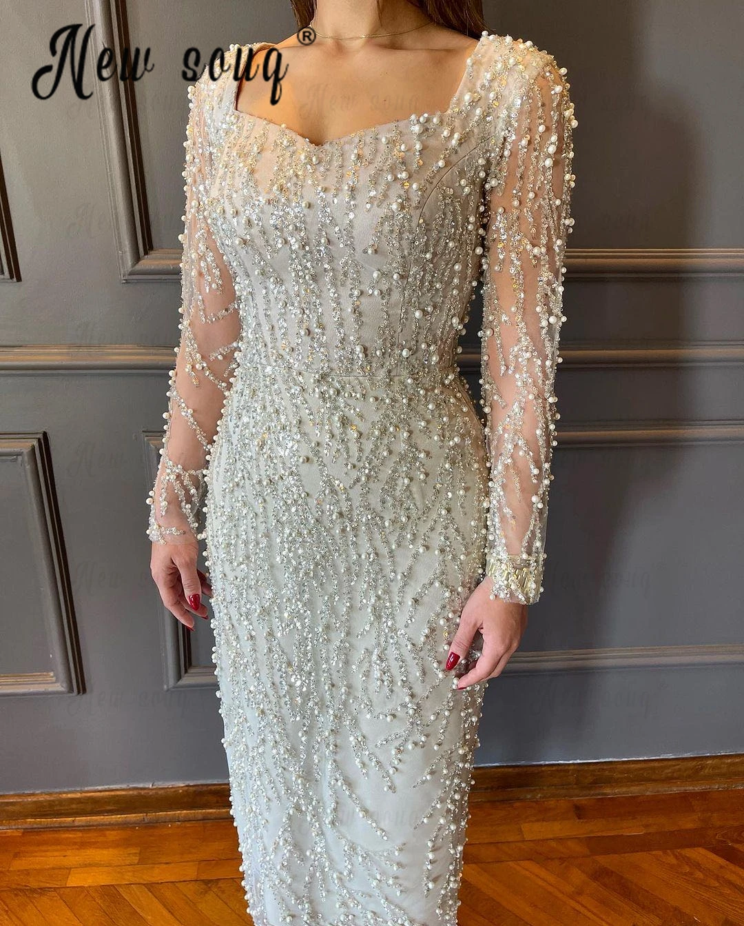 Full Ivory Pearls Tea-length Party Dress Vintage Square Neck Long Sleeve Women Wedding Event Prom Gowns Midi Cocktail Dresses