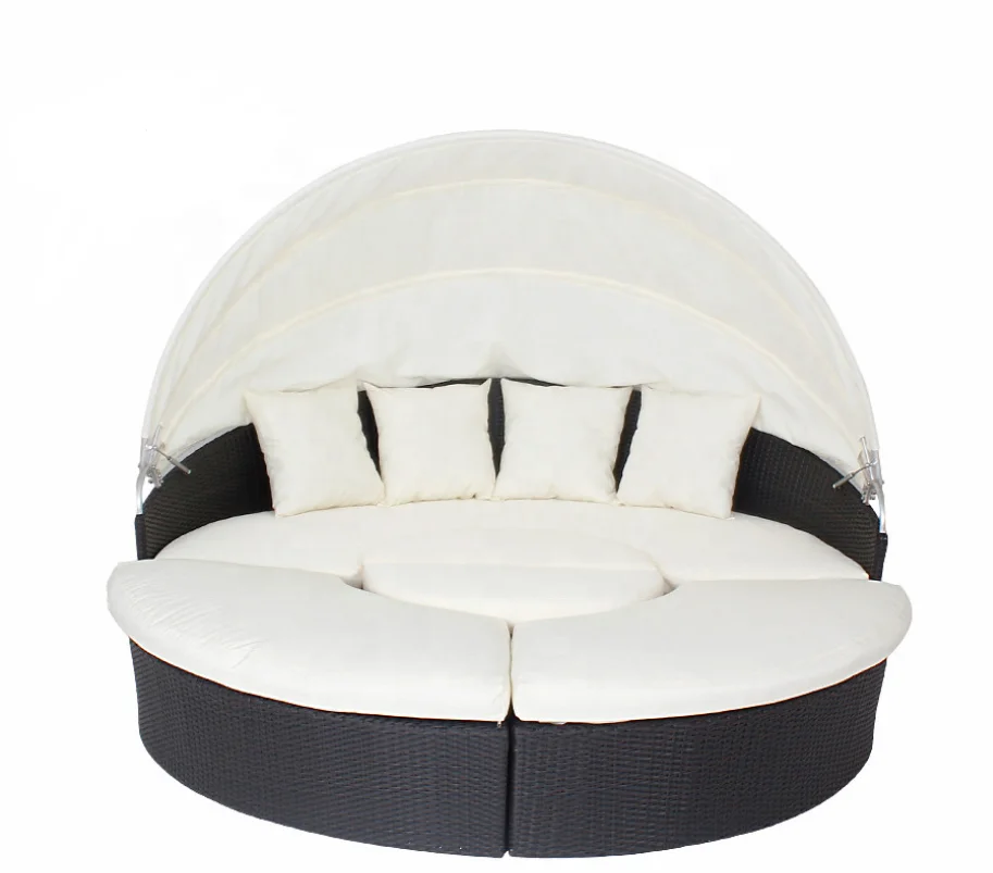 Patio Sectional Round Daybed Rattan Outdoor Sofa Set With Retractable Canopy PE Wicker Bed Furniture With Detachable Cushion