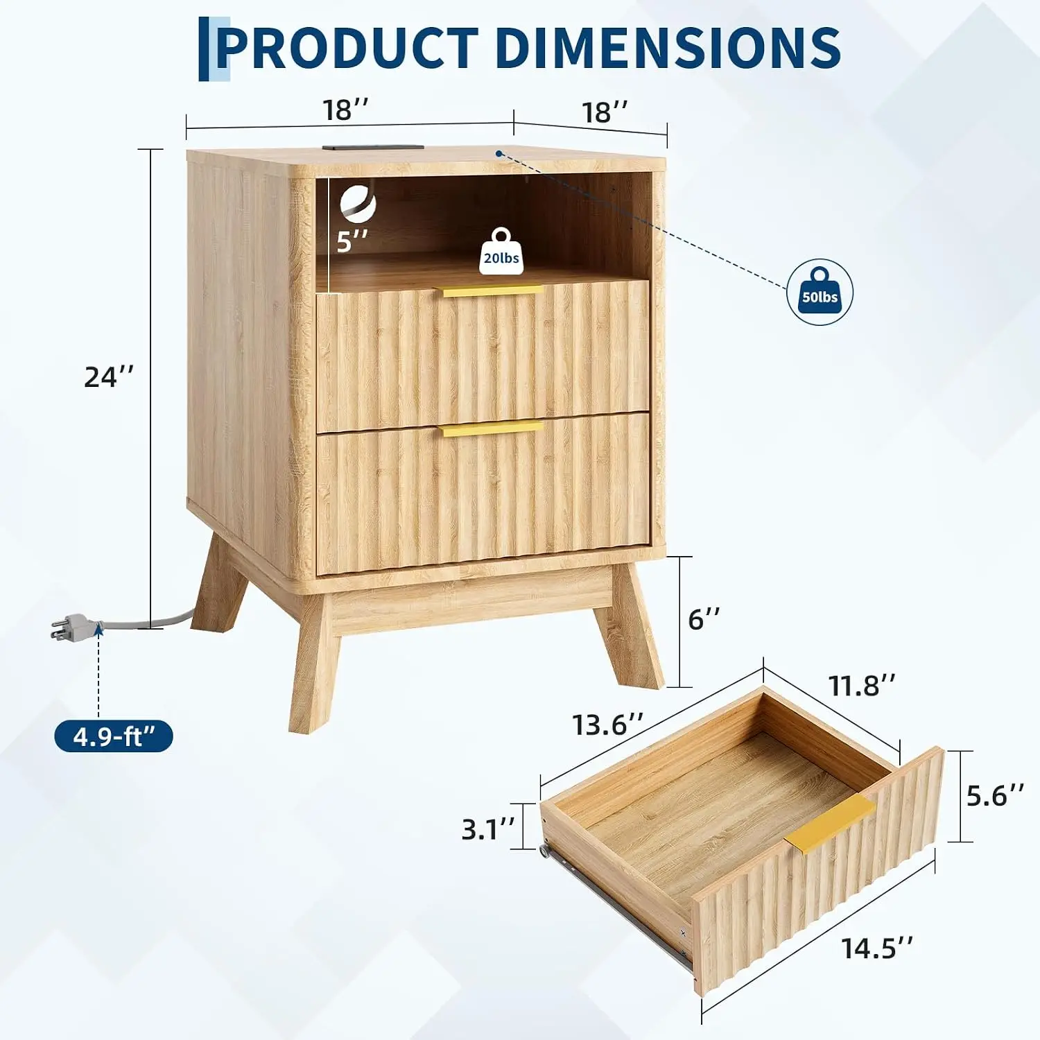 Wave Fluted Nightstand with Charging Station, 2 Drawers & Open Storage, USB & AC Outlets, 6'' Legs,  End Table, Customized