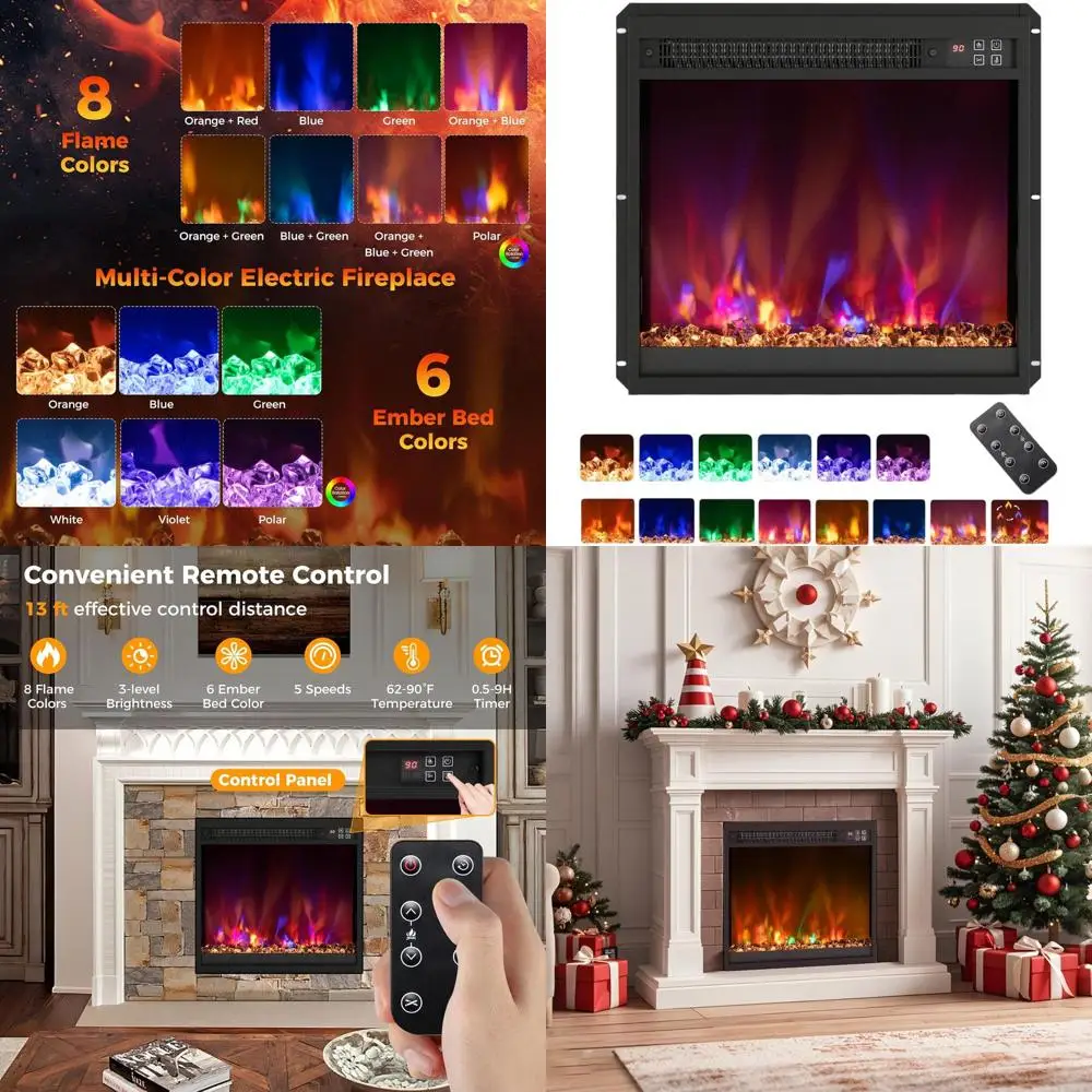 

Встраиваемый электрический камин 18 дюймов, обогреватель 1500 Вт с 8 цветами пламени и 6 цветами золы, пульт ДУ, таймер и термостат, для декоративного использования внутри помещений