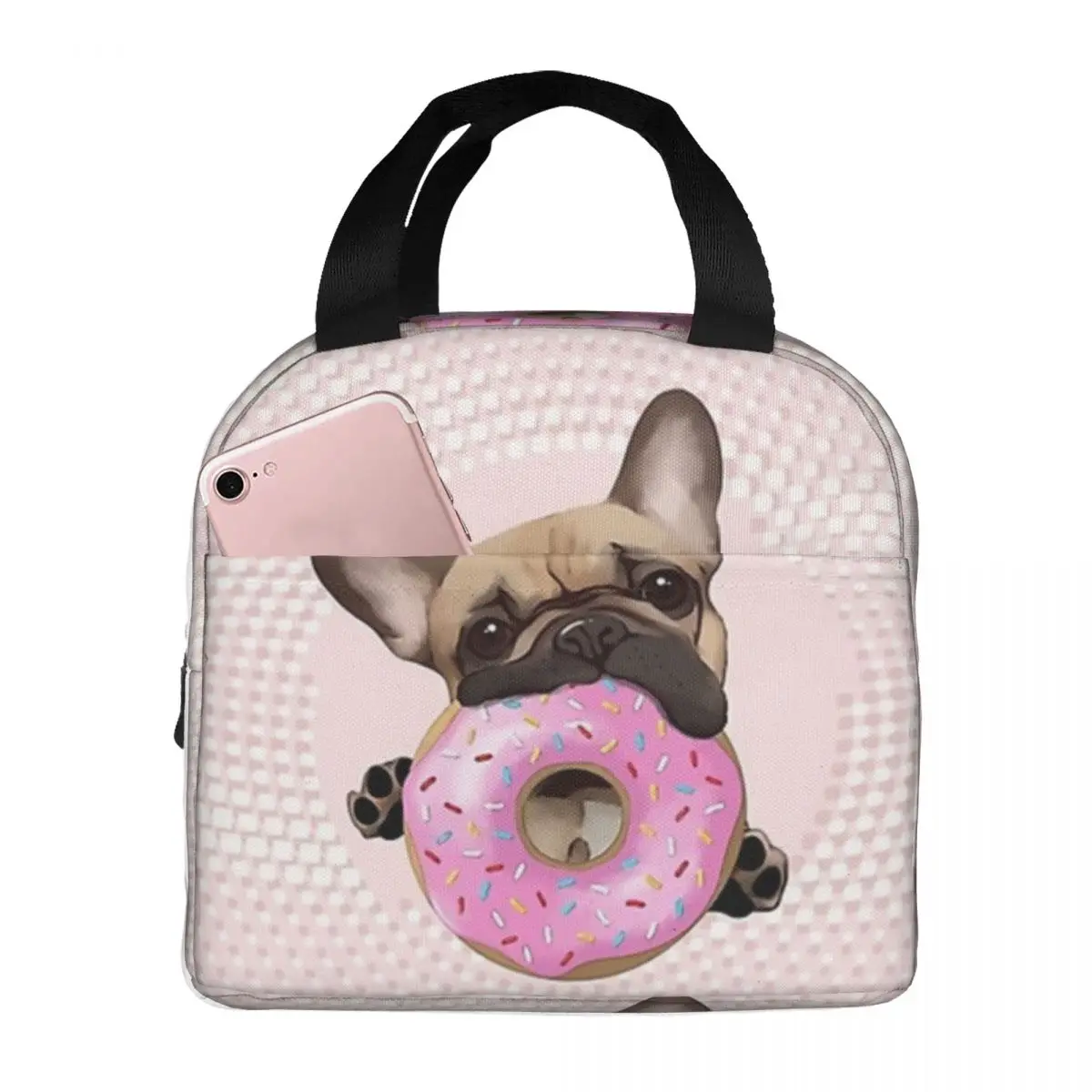 French Bulldog Lovers, Sweet Frenchie With Pink Donuts Lunch Bags Bento Box Lunch Tote Leakproof Picnic Bags Cooler Thermal Bag