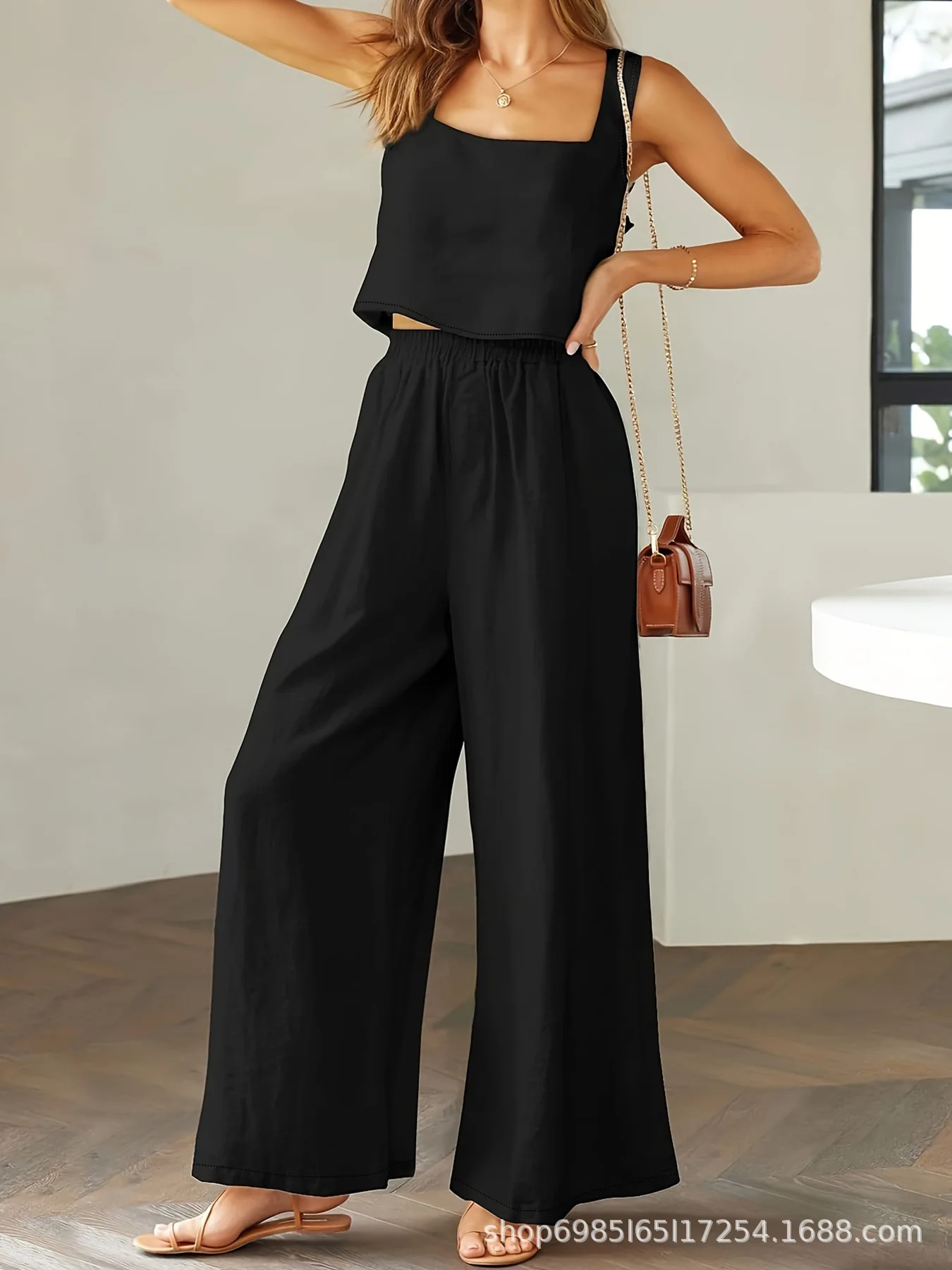 Women Vest Black Suit Women\'s Square Neck Wide Leg Pants Set For Wear Loose Top With High Elastic Waist Trousers 2 Piece 2024