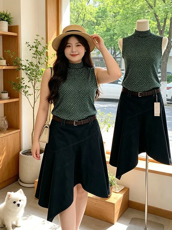 

plus Size Sleeveless High Collar Polka Dot Skirt Set Women's Summer New Slimming Hong Kong Style Two Piece Set Asymmetrical S...