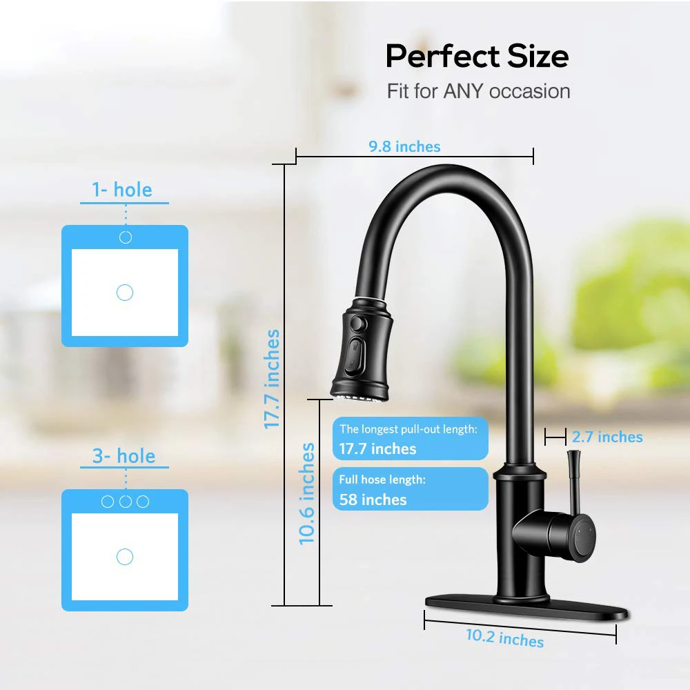 Kitchen Faucet- 3 Modes Pull Down Sprayer Kitchen Tap Faucet Head, Single Handle&Deck Plate for 1or3 Holes, 360° Rotation
