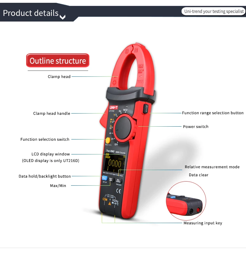 UNI-T UT216C 600A Digital Clamp Meters AC DC Current Auto Range Multimeters NCV V.F.C Diode LCD Flashlight Temperature Tester