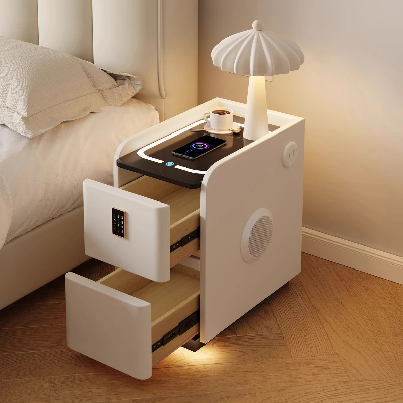 Mesita de noche estrecha inteligente, mesita de noche de madera maciza de primera calidad, almacenamiento minimalista para dormitorio, gabinete de carga compacto para espacios pequeños