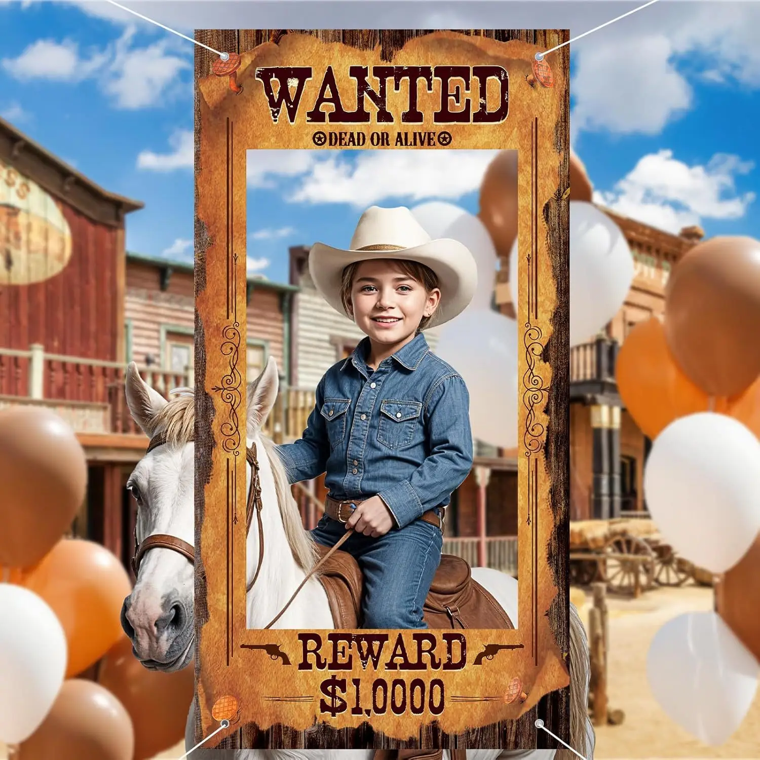 Cowboy Party Decoration Western Wanted Photo Booth Props Retro Wild West Birthday Photo BackdropBanner