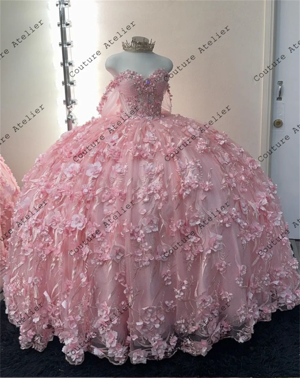 Lovely Pink 3D Flowers Three Quarter Sleeve Quinceanera Dresses Ball Gown 2024 Bow Sweetheart Sweet 16 Dress Wedding Customized