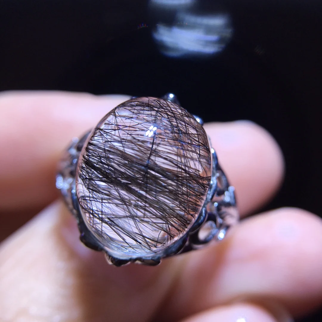 

Natural Black Rutilated Quartz Adjustable Ring 14/11.7mm Flower Women 925 Silver Yellow Rutilated Beads AAAAAA